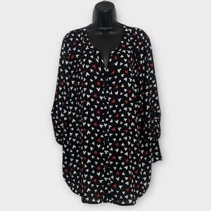 Catherines Black Red & White Hearts Novelty Print Roll Tab Sleeve Top Size 1X